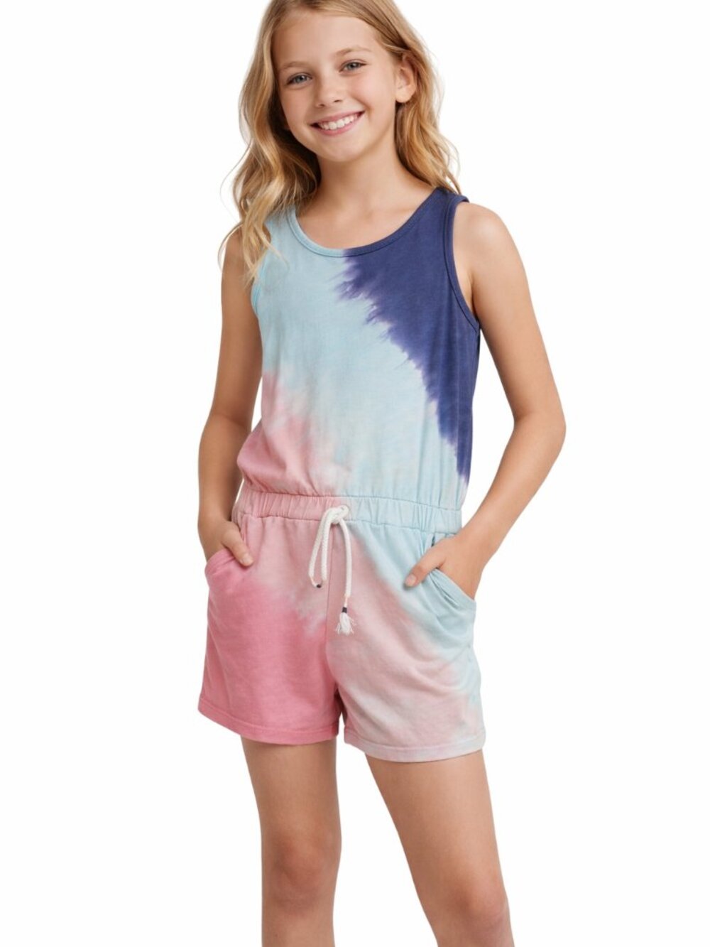 Justice Girls Romper Pastel Pink Blue Tie Dye Elastic Waist Size 10